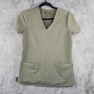 Figs Casma Three Pocket Scrub Top Womens XS Olive Green Short Sleeve V neck